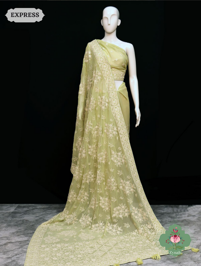Zynah Pure Georgette Chikankari Saree With Big Floral Motifs; Custom Stitched/Ready-made Blouse, Fall, Petticoat; SKU: 0807202305