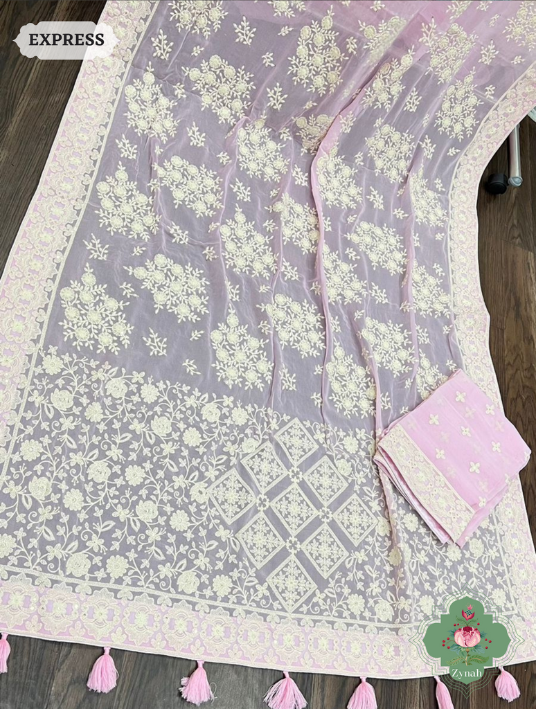 Zynah Pure Georgette Chikankari Saree With Big Floral Motifs; Custom Stitched/Ready-made Blouse, Fall, Petticoat; SKU: 0807202305