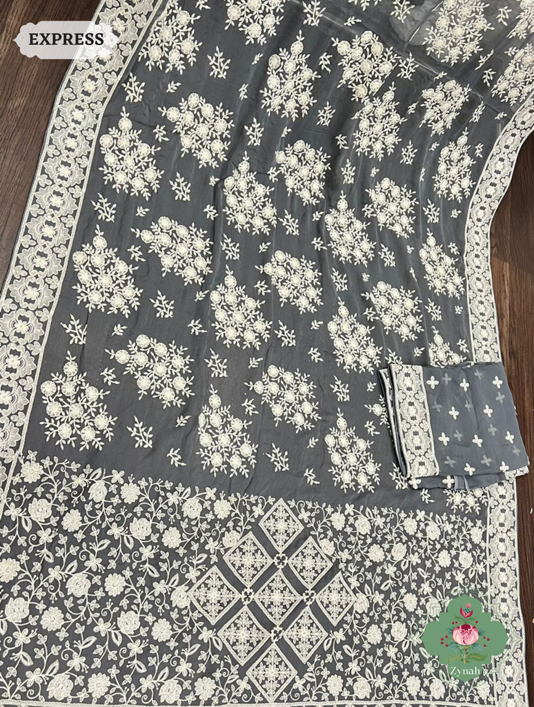 Zynah Pure Georgette Chikankari Saree With Big Floral Motifs; Custom Stitched/Ready-made Blouse, Fall, Petticoat; SKU: 0807202305