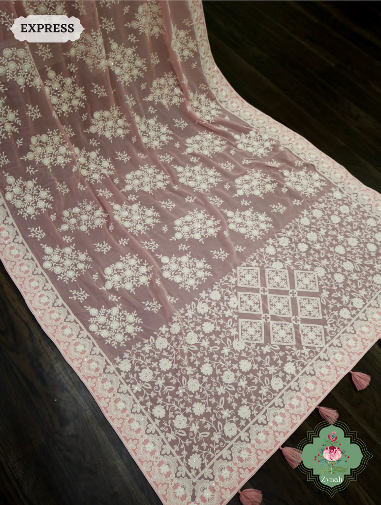 Zynah Pure Georgette Chikankari Saree With Big Floral Motifs; Custom Stitched/Ready-made Blouse, Fall, Petticoat; SKU: 0807202305