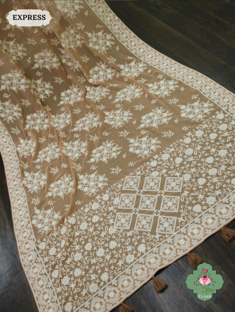 Zynah Pure Georgette Chikankari Saree With Big Floral Motifs; Custom Stitched/Ready-made Blouse, Fall, Petticoat; SKU: 0807202305