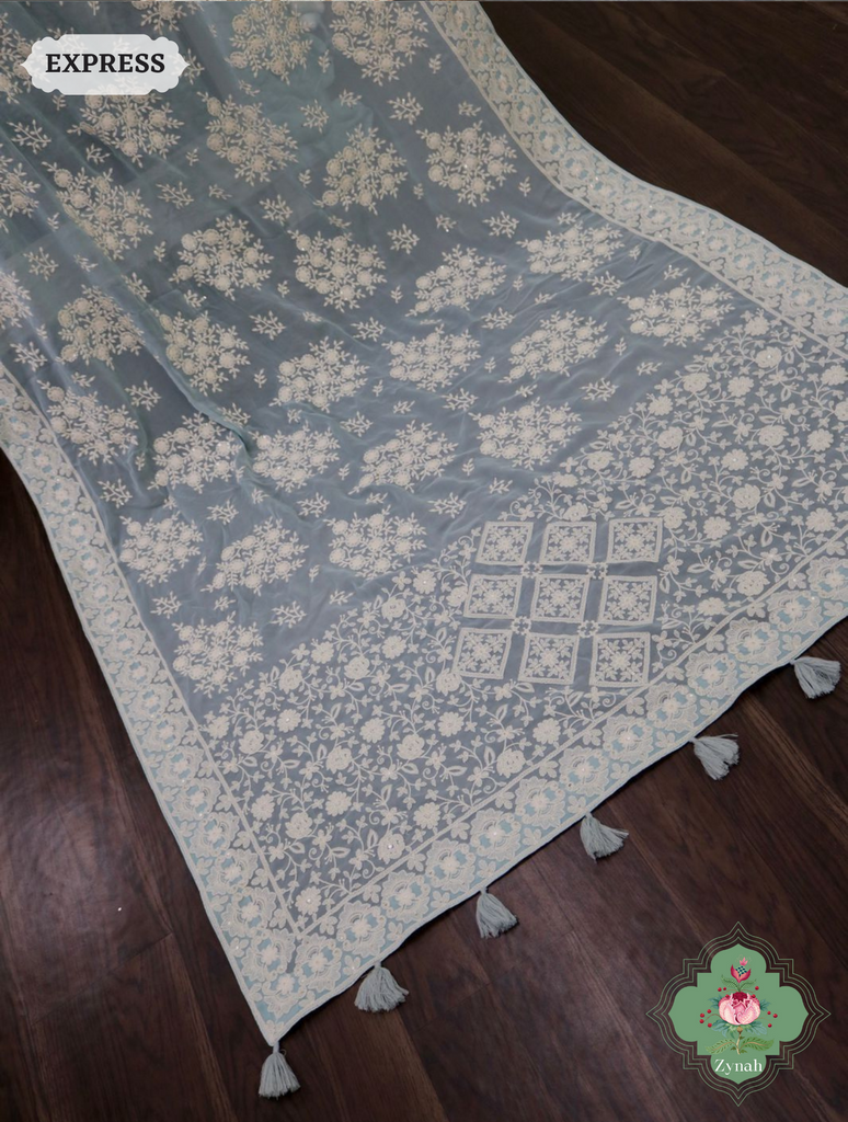 Zynah Pure Georgette Chikankari Saree With Big Floral Motifs; Custom Stitched/Ready-made Blouse, Fall, Petticoat; SKU: 0807202305