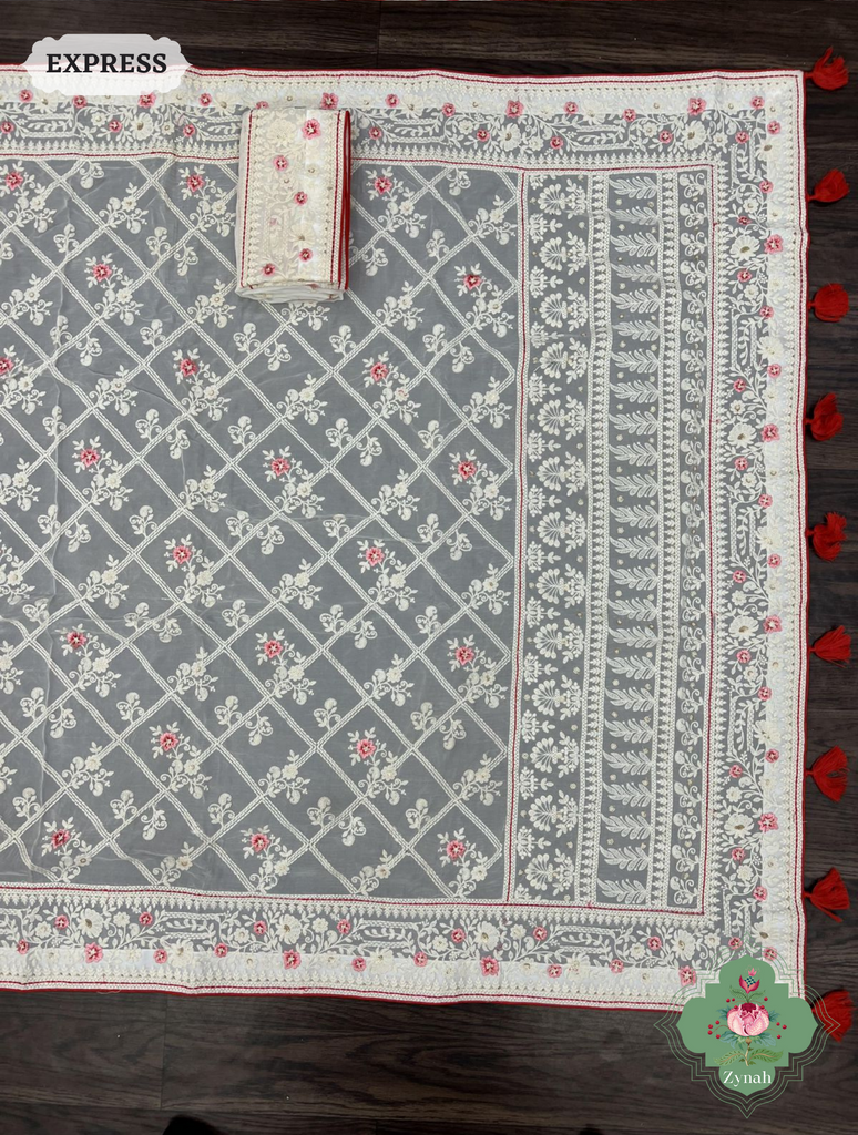 Zynah Off White Pure Georgette Chikankari Saree With Block Pattern Motifs; Custom Stitched/Ready-made Blouse, Fall, Petticoat; SKU: 0807202306