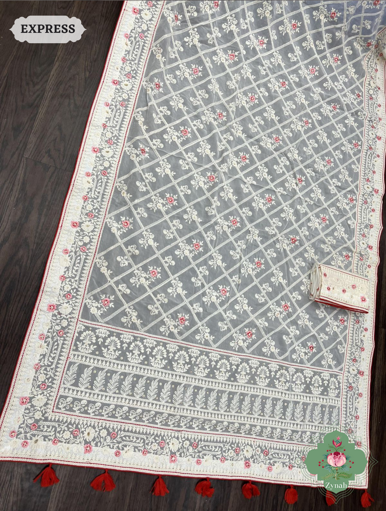 Zynah Off White Pure Georgette Chikankari Saree With Block Pattern Motifs; Custom Stitched/Ready-made Blouse, Fall, Petticoat; SKU: 0807202306