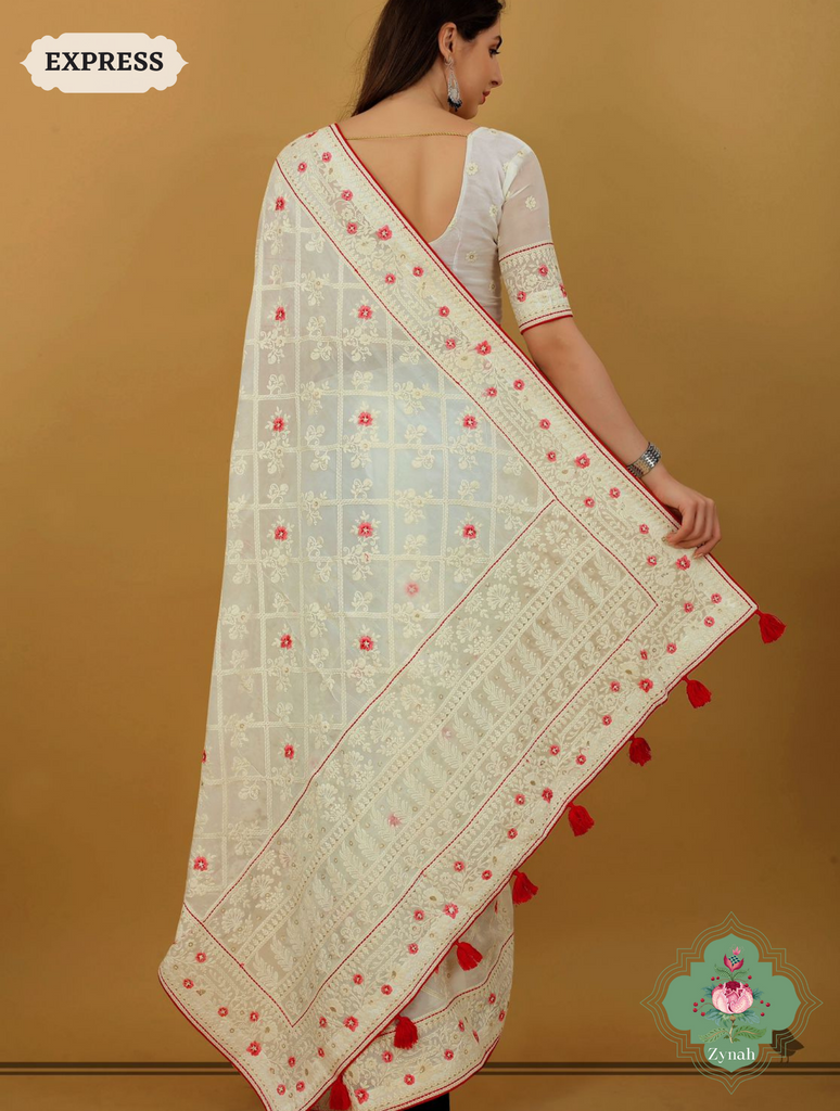Zynah Off White Pure Georgette Chikankari Saree With Block Pattern Motifs; Custom Stitched/Ready-made Blouse, Fall, Petticoat; SKU: 0807202306