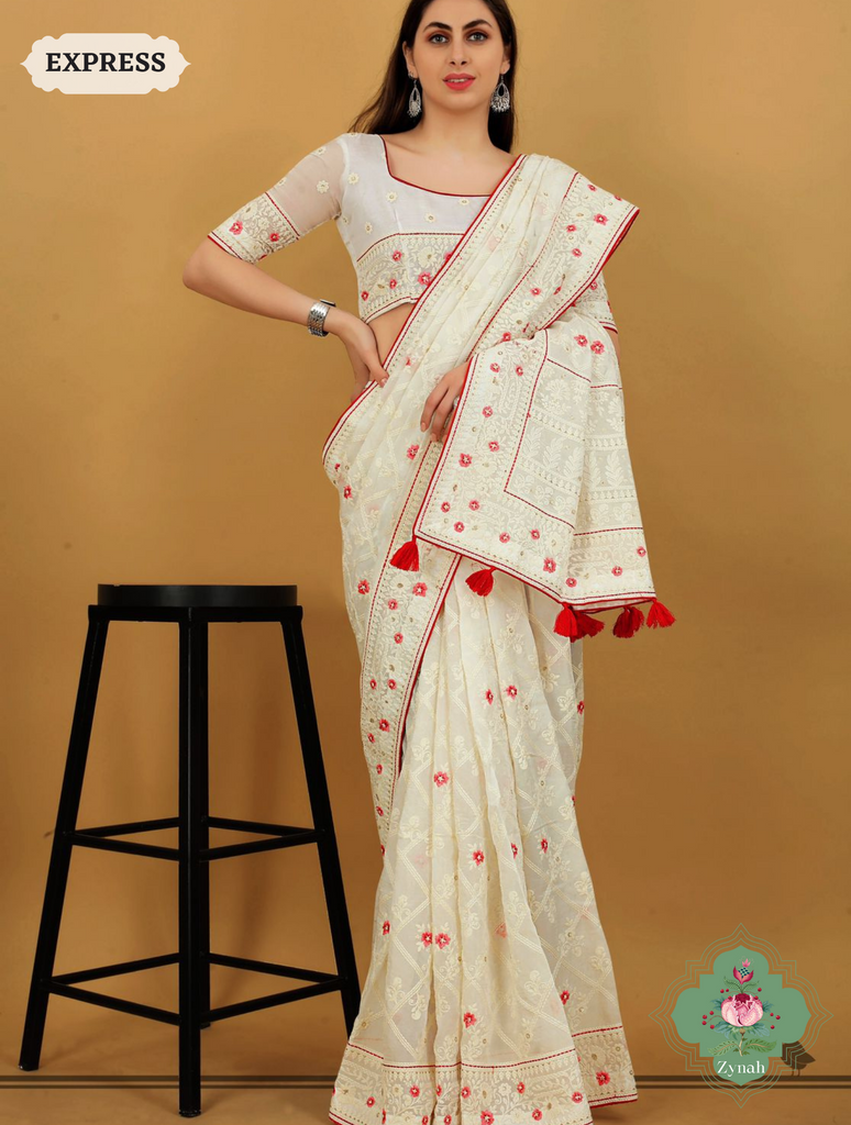 Zynah Off White Pure Georgette Chikankari Saree With Block Pattern Motifs; Custom Stitched/Ready-made Blouse, Fall, Petticoat; SKU: 0807202306