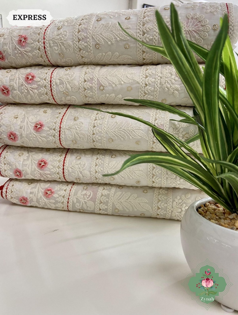 Zynah Off White Pure Georgette Chikankari Saree With Block Pattern Motifs; Custom Stitched/Ready-made Blouse, Fall, Petticoat; SKU: 0807202306