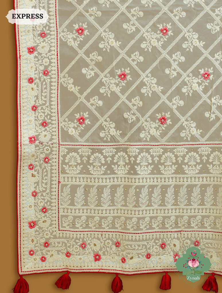 Zynah Off White Pure Georgette Chikankari Saree With Block Pattern Motifs; Custom Stitched/Ready-made Blouse, Fall, Petticoat; SKU: 0807202306