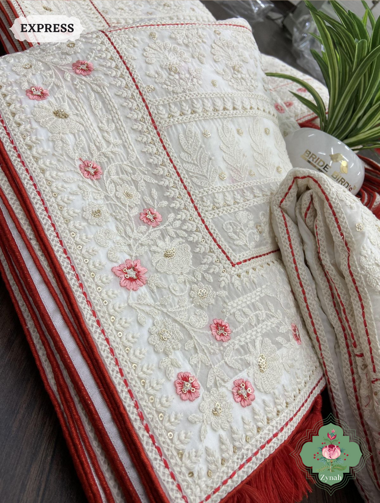 Zynah Off White Pure Georgette Chikankari Saree With Block Pattern Motifs; Custom Stitched/Ready-made Blouse, Fall, Petticoat; SKU: 0807202306