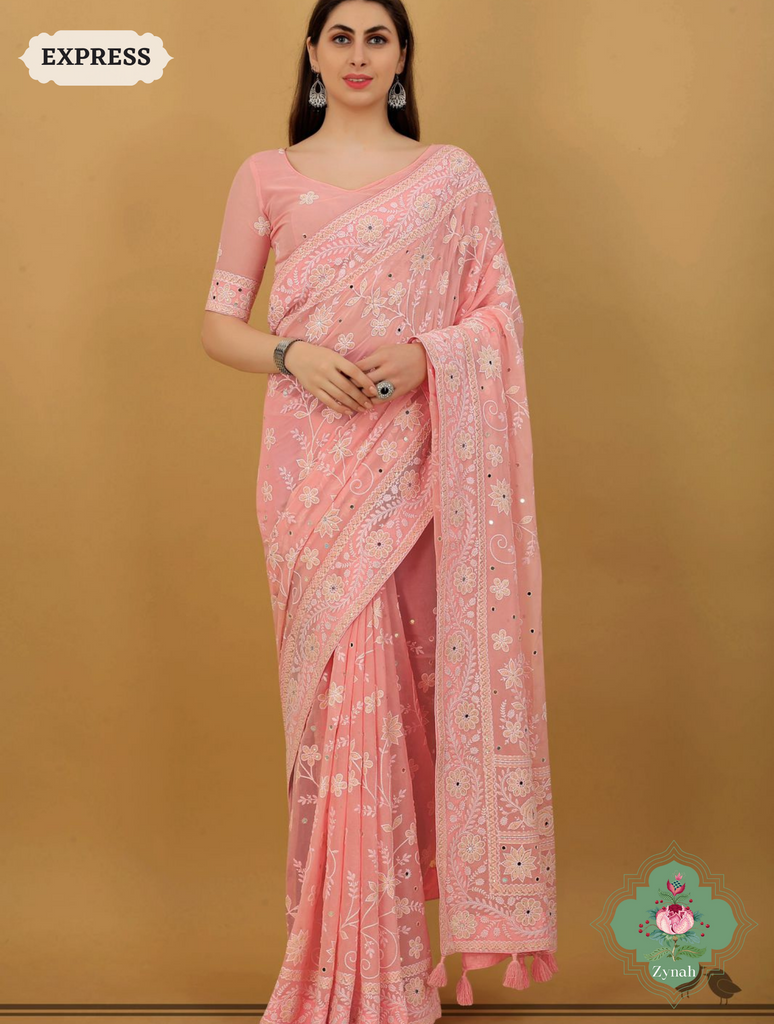 Pure Georgette Chikankari Saree With White Thread Embroidery - Timeless elegance and delicate craftsmanship for special occasions.