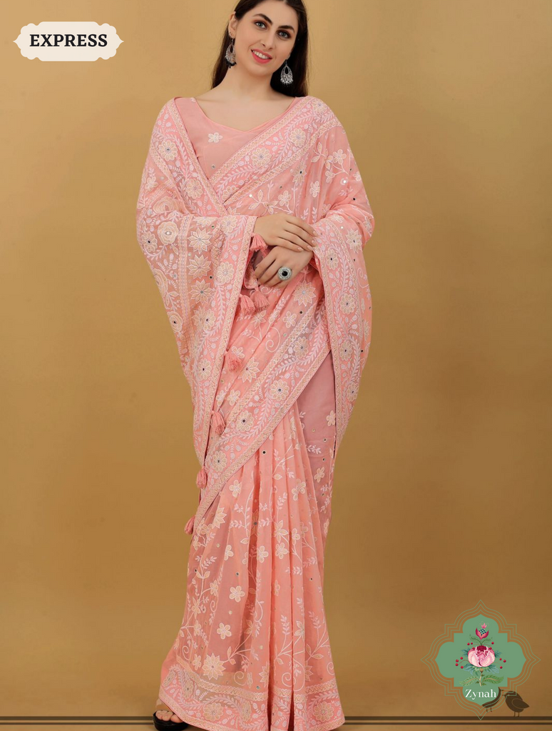 Zynah Pure Georgette Chikankari Saree With White Thread Embroidery; Custom Stitched/Ready-made Blouse, Fall, Petticoat; SKU: 0807202307