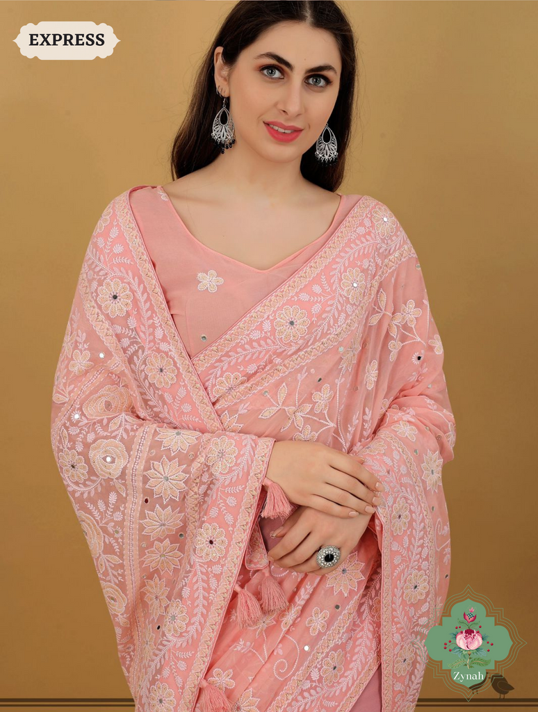 Zynah Pure Georgette Chikankari Saree With White Thread Embroidery; Custom Stitched/Ready-made Blouse, Fall, Petticoat; SKU: 0807202307
