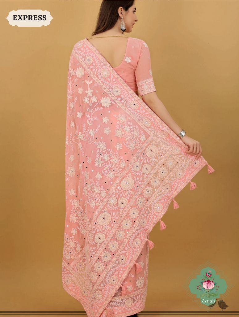 Zynah Pure Georgette Chikankari Saree With White Thread Embroidery; Custom Stitched/Ready-made Blouse, Fall, Petticoat; SKU: 0807202307