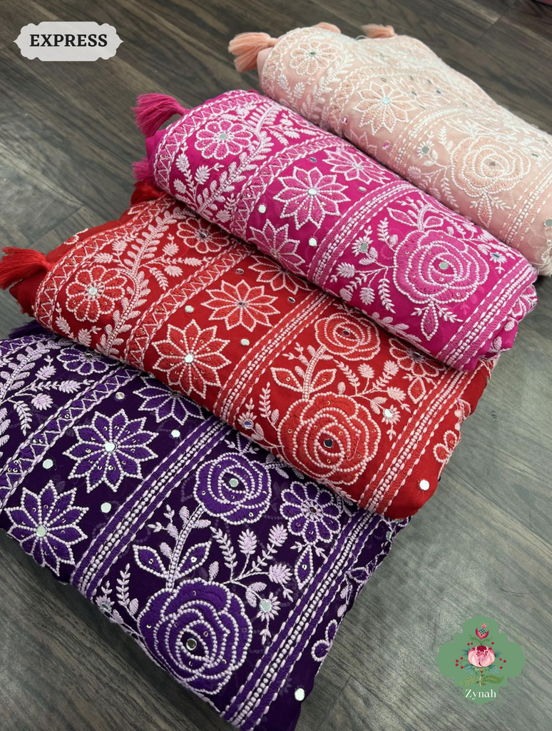 Zynah Pure Georgette Chikankari Saree With White Thread Embroidery; Custom Stitched/Ready-made Blouse, Fall, Petticoat; SKU: 0807202307