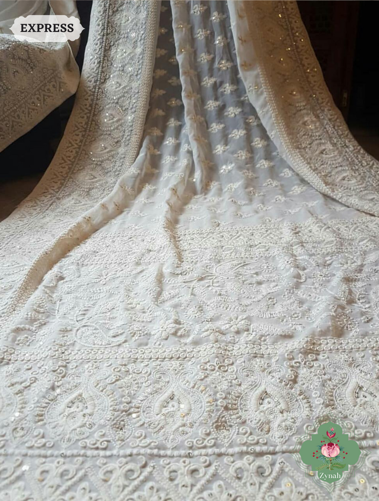 Zynah Pure Georgette Chikankari Saree With delicate butis; Custom Stitched/Ready-made Blouse, Fall, Petticoat; SKU: 0807202308