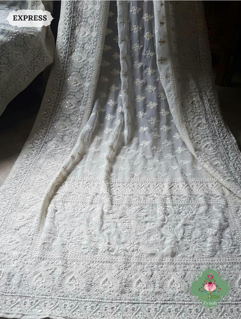 Zynah Pure Georgette Chikankari Saree With delicate butis; Custom Stitched/Ready-made Blouse, Fall, Petticoat; SKU: 0807202308