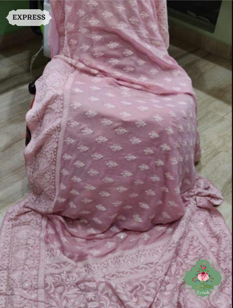 Zynah Pure Georgette Chikankari Saree With delicate butis; Custom Stitched/Ready-made Blouse, Fall, Petticoat; SKU: 0807202308