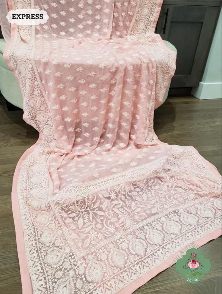 Zynah Pure Georgette Chikankari Saree With delicate butis; Custom Stitched/Ready-made Blouse, Fall, Petticoat; SKU: 0807202308