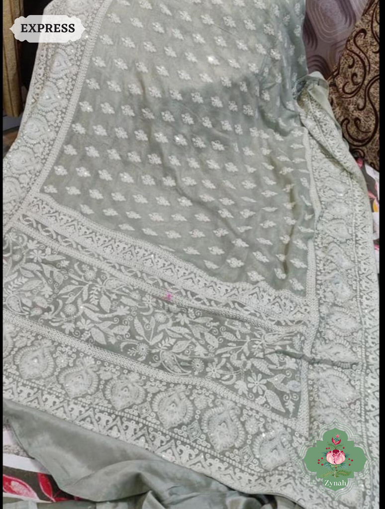 Zynah Pure Georgette Chikankari Saree With delicate butis; Custom Stitched/Ready-made Blouse, Fall, Petticoat; SKU: 0807202308