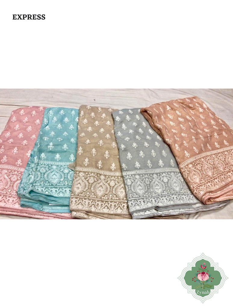 Zynah Pure Georgette Chikankari Saree With delicate butis; Custom Stitched/Ready-made Blouse, Fall, Petticoat; SKU: 0807202308