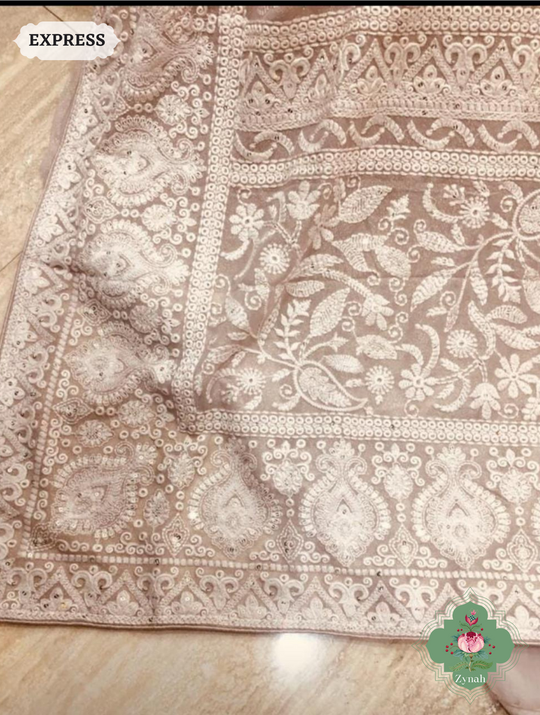 Zynah Pure Georgette Chikankari Saree With delicate butis; Custom Stitched/Ready-made Blouse, Fall, Petticoat; SKU: 0807202308