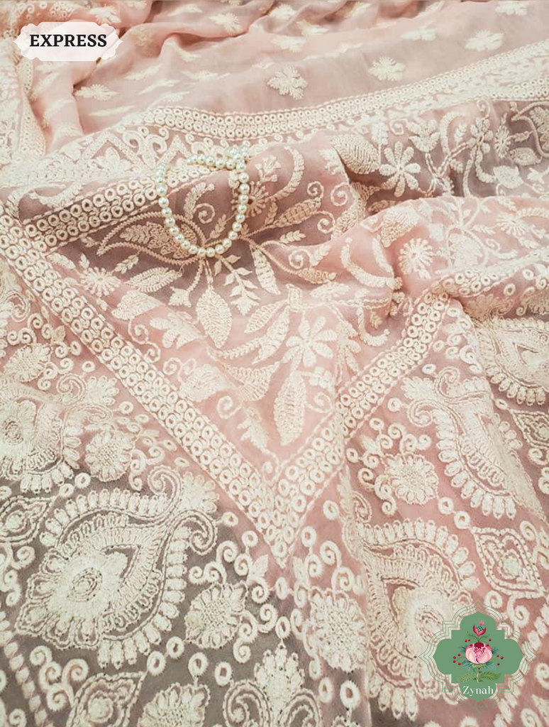 Zynah Pure Georgette Chikankari Saree With delicate butis; Custom Stitched/Ready-made Blouse, Fall, Petticoat; SKU: 0807202308