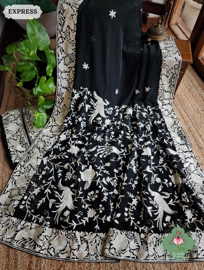 Zynah Black Pure Georgette Hand Embroidered Authentic Parsi Gara Saree; Custom Stitched/Ready-made Blouse, Fall, Petticoat; SKU: 2008202509