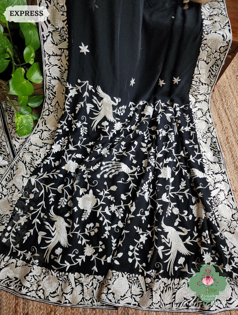 Zynah Black Pure Georgette Hand Embroidered Authentic Parsi Gara Saree; Custom Stitched/Ready-made Blouse, Fall, Petticoat; SKU: 2008202509