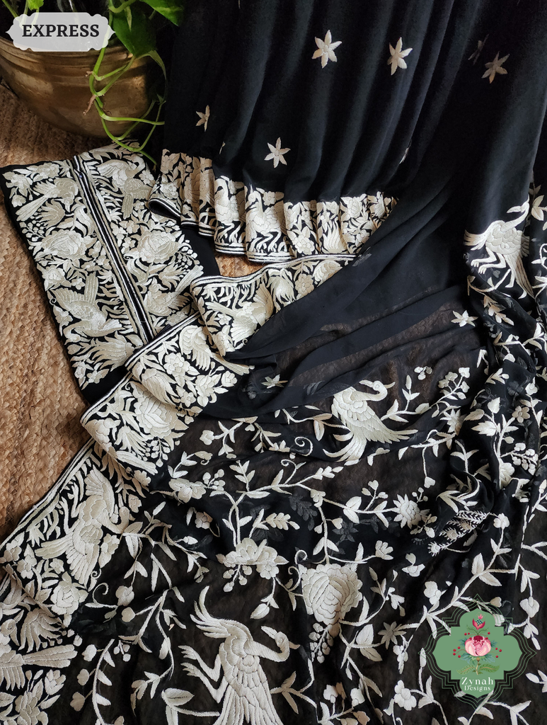 Zynah Black Pure Georgette Hand Embroidered Authentic Parsi Gara Saree; Custom Stitched/Ready-made Blouse, Fall, Petticoat; SKU: 2008202509