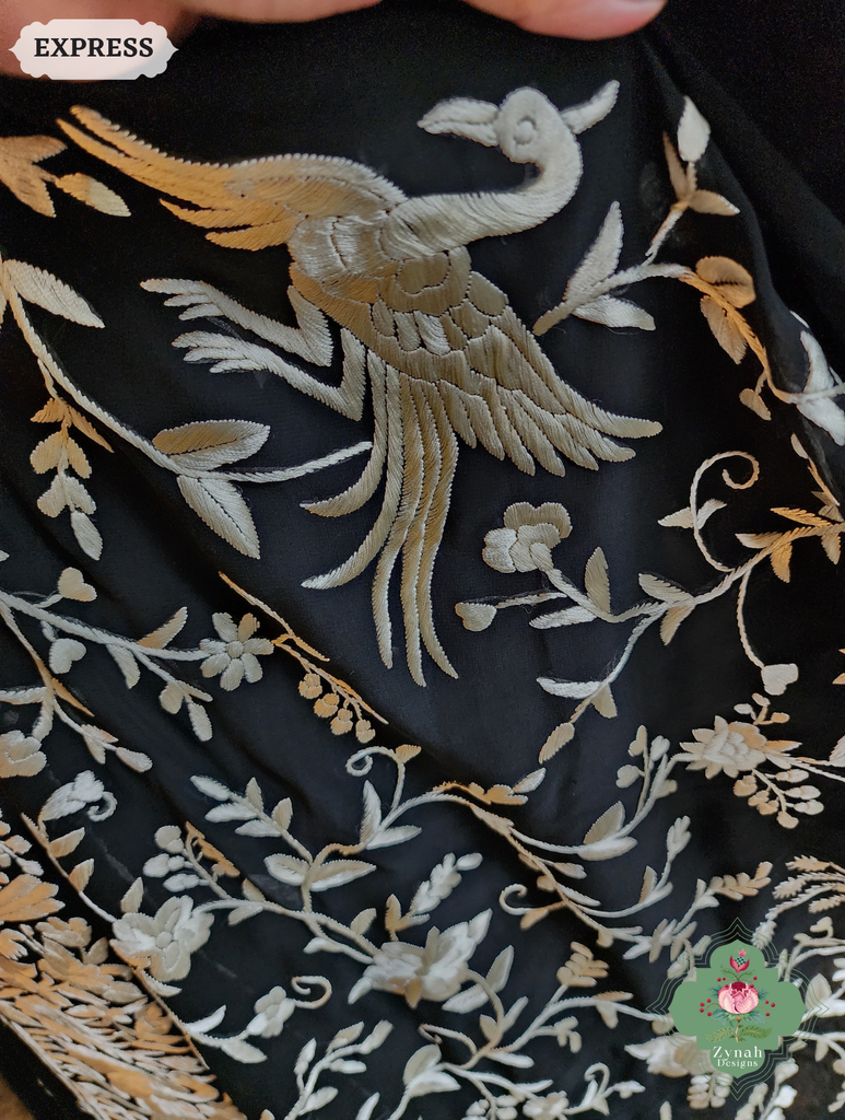 Zynah Black Pure Georgette Hand Embroidered Authentic Parsi Gara Saree; Custom Stitched/Ready-made Blouse, Fall, Petticoat; SKU: 2008202509