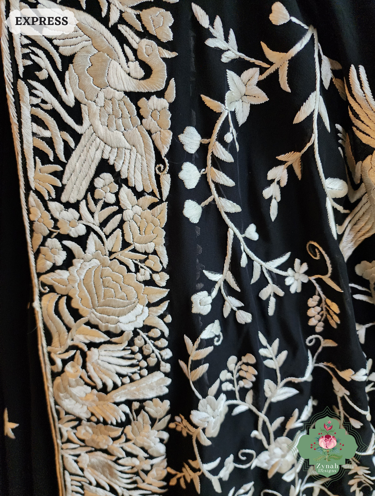 Zynah Black Pure Georgette Hand Embroidered Authentic Parsi Gara Saree; Custom Stitched/Ready-made Blouse, Fall, Petticoat; SKU: 2008202509