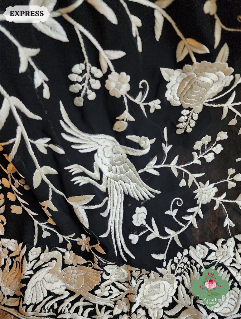 Zynah Black Pure Georgette Hand Embroidered Authentic Parsi Gara Saree; Custom Stitched/Ready-made Blouse, Fall, Petticoat; SKU: 2008202509