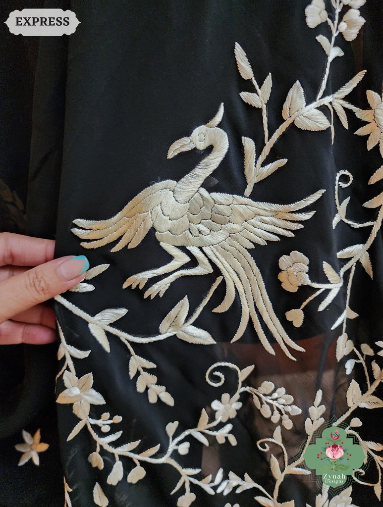 Zynah Black Pure Georgette Hand Embroidered Authentic Parsi Gara Saree; Custom Stitched/Ready-made Blouse, Fall, Petticoat; SKU: 2008202509