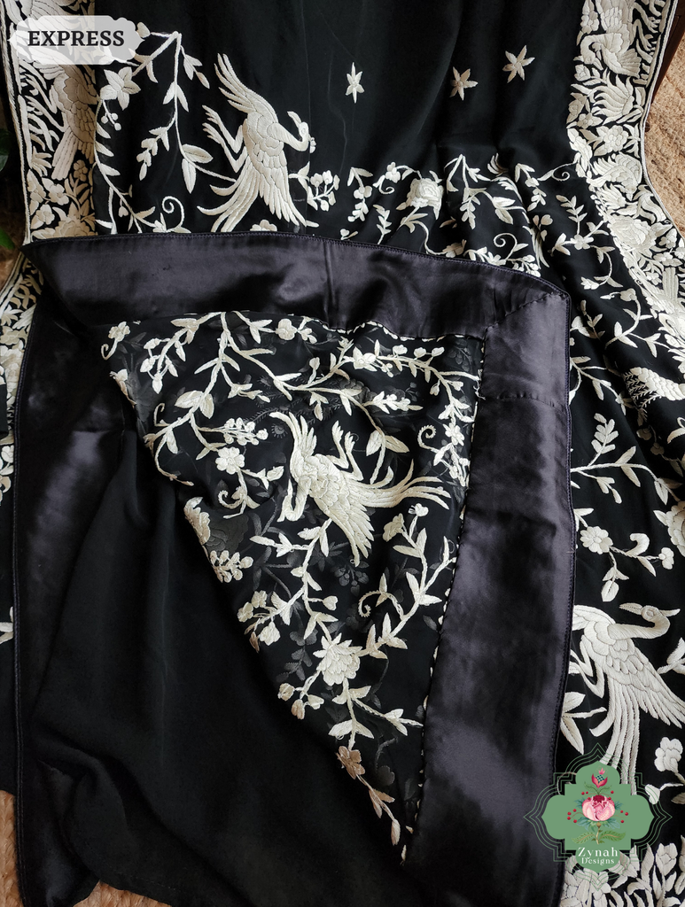 Zynah Black Pure Georgette Hand Embroidered Authentic Parsi Gara Saree; Custom Stitched/Ready-made Blouse, Fall, Petticoat; SKU: 2008202509