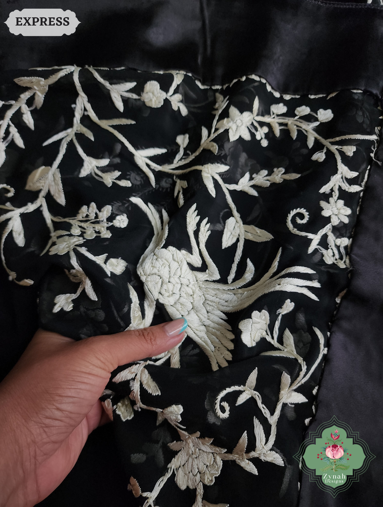 Zynah Black Pure Georgette Hand Embroidered Authentic Parsi Gara Saree; Custom Stitched/Ready-made Blouse, Fall, Petticoat; SKU: 2008202509