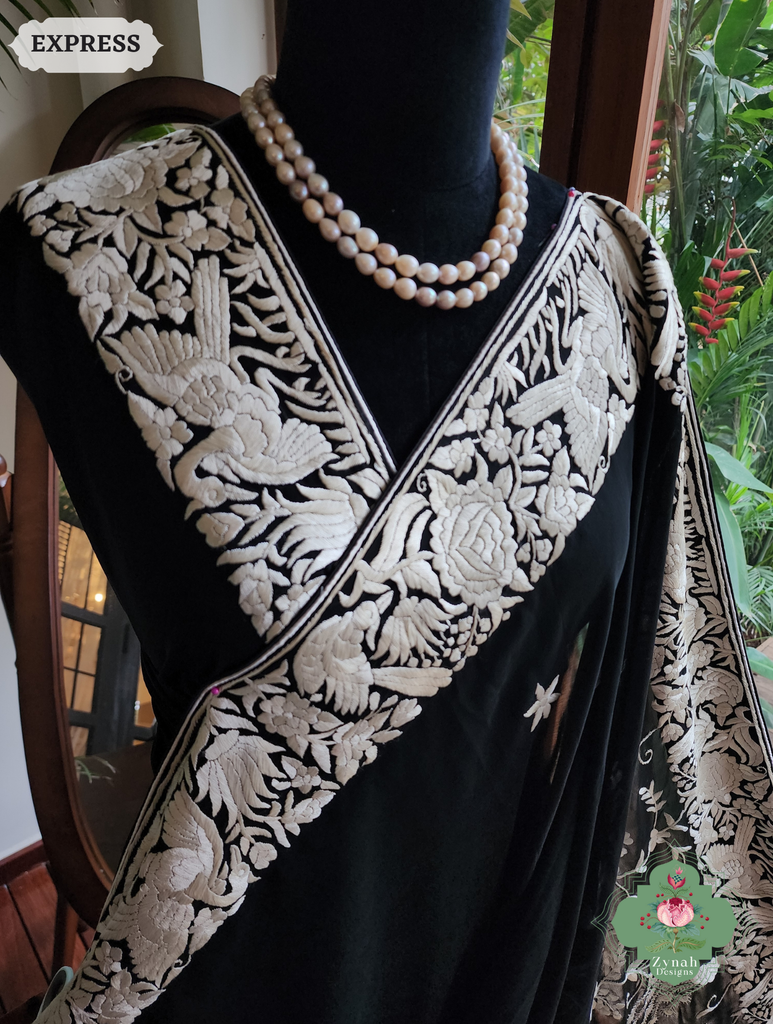 Zynah Black Pure Georgette Hand Embroidered Authentic Parsi Gara Saree; Custom Stitched/Ready-made Blouse, Fall, Petticoat; SKU: 2008202509