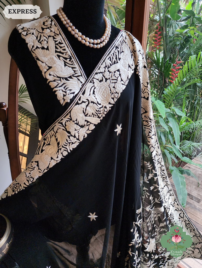 Zynah Black Pure Georgette Hand Embroidered Authentic Parsi Gara Saree; Custom Stitched/Ready-made Blouse, Fall, Petticoat; SKU: 2008202509