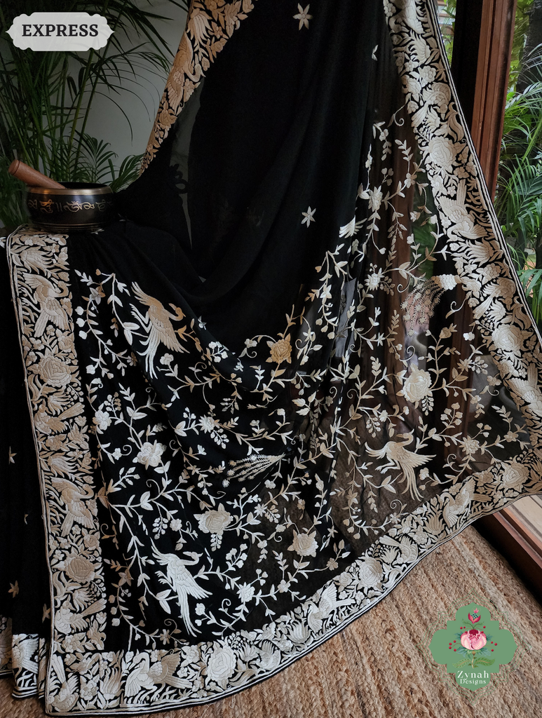Zynah Black Pure Georgette Hand Embroidered Authentic Parsi Gara Saree; Custom Stitched/Ready-made Blouse, Fall, Petticoat; SKU: 2008202509