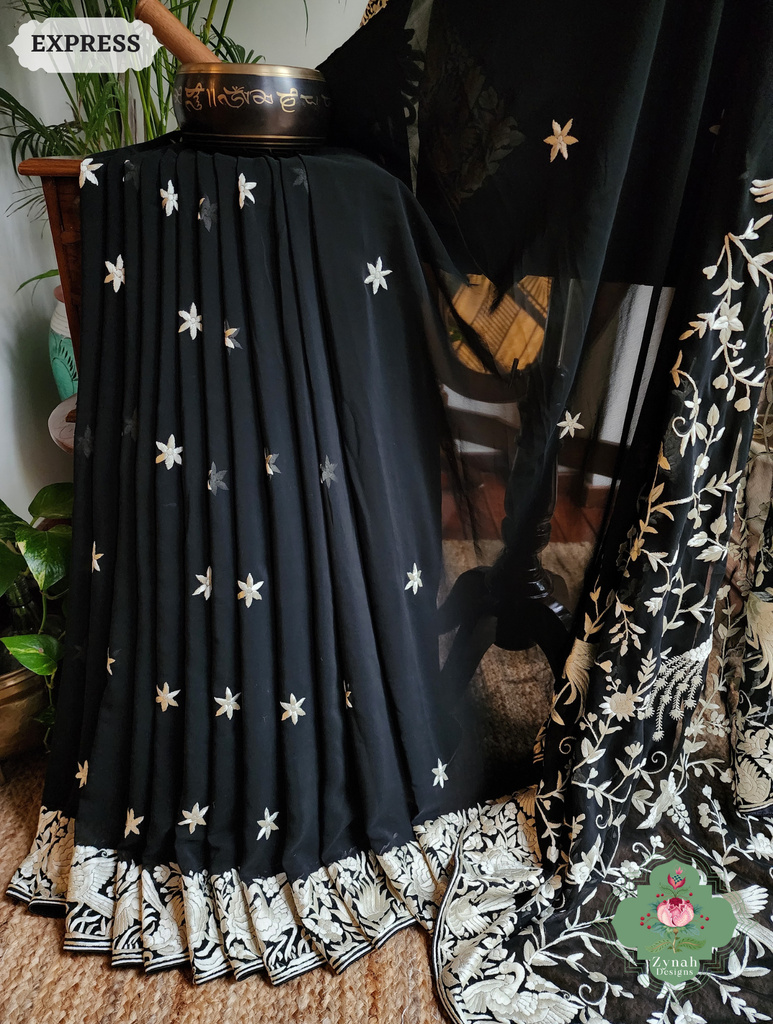 Zynah Black Pure Georgette Hand Embroidered Authentic Parsi Gara Saree; Custom Stitched/Ready-made Blouse, Fall, Petticoat; SKU: 2008202509
