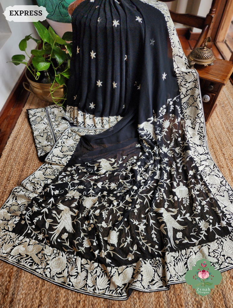 Zynah Black Pure Georgette Hand Embroidered Authentic Parsi Gara Saree; Custom Stitched/Ready-made Blouse, Fall, Petticoat; SKU: 2008202509