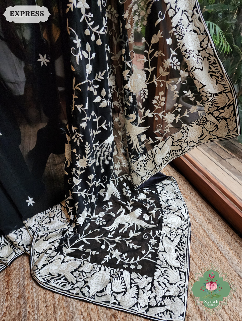 Zynah Black Pure Georgette Hand Embroidered Authentic Parsi Gara Saree; Custom Stitched/Ready-made Blouse, Fall, Petticoat; SKU: 2008202509