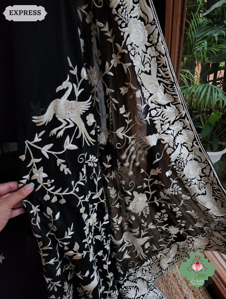 Zynah Black Pure Georgette Hand Embroidered Authentic Parsi Gara Saree; Custom Stitched/Ready-made Blouse, Fall, Petticoat; SKU: 2008202509