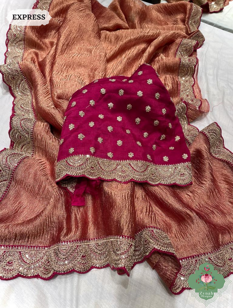 Metallic Gold Blush Pink Crushed Tissue Saree With Scalloped Border 1