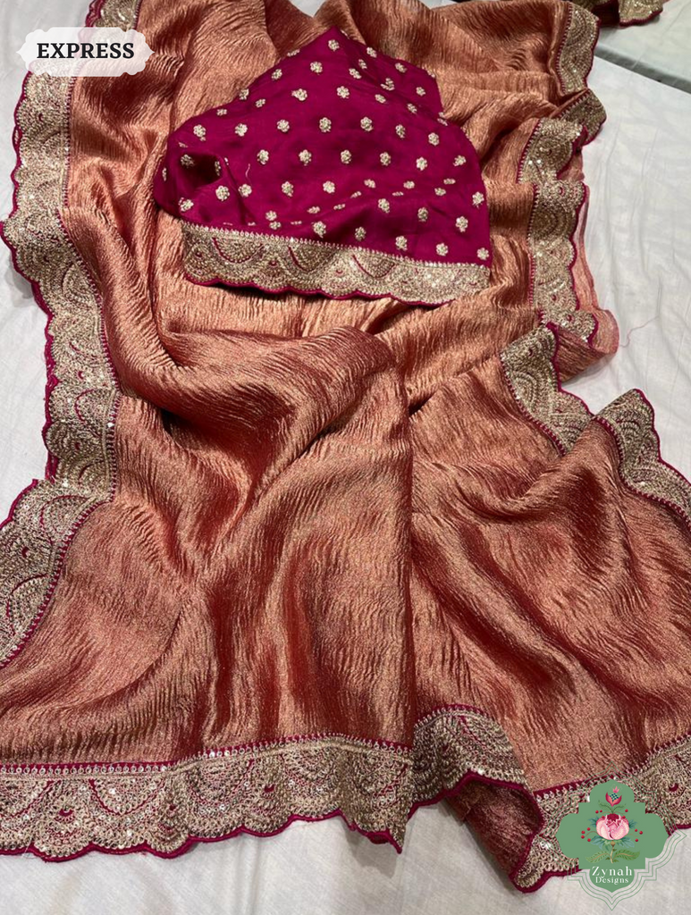 Metallic Gold Blush Pink Crushed Tissue Saree With Scalloped Border 3