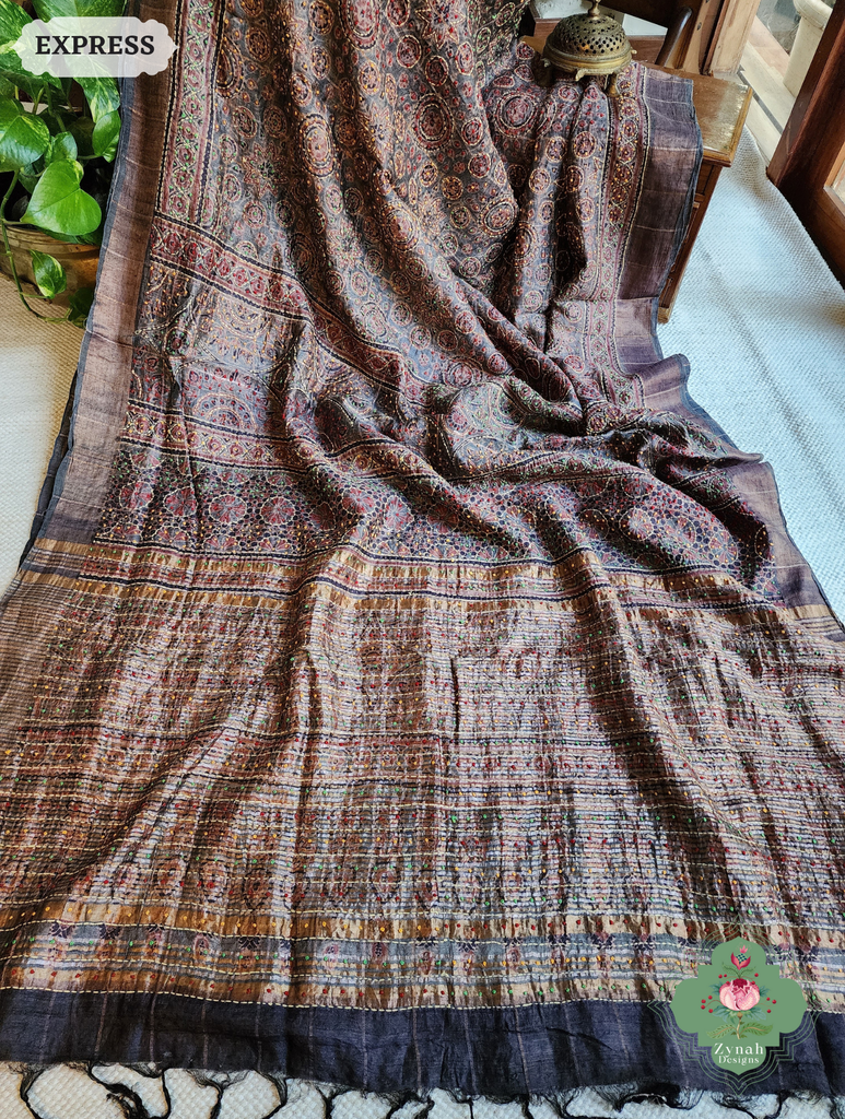 Zynah Golden Brown Pure Tussar Silk Hand Block Print Ajrakh Saree With Hand Embroidery; Custom Stitched/Ready-made Blouse, Fall, Petticoat; SKU: 2409202507