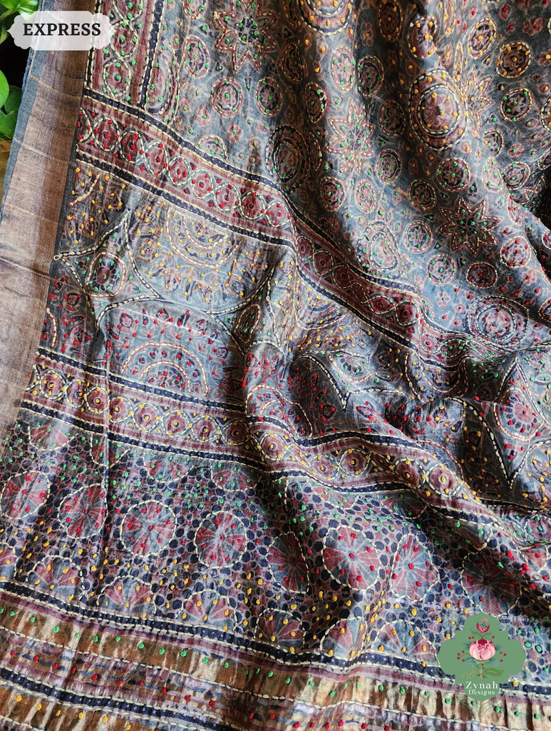 Zynah Golden Brown Pure Tussar Silk Hand Block Print Ajrakh Saree With Hand Embroidery; Custom Stitched/Ready-made Blouse, Fall, Petticoat; SKU: 2409202507