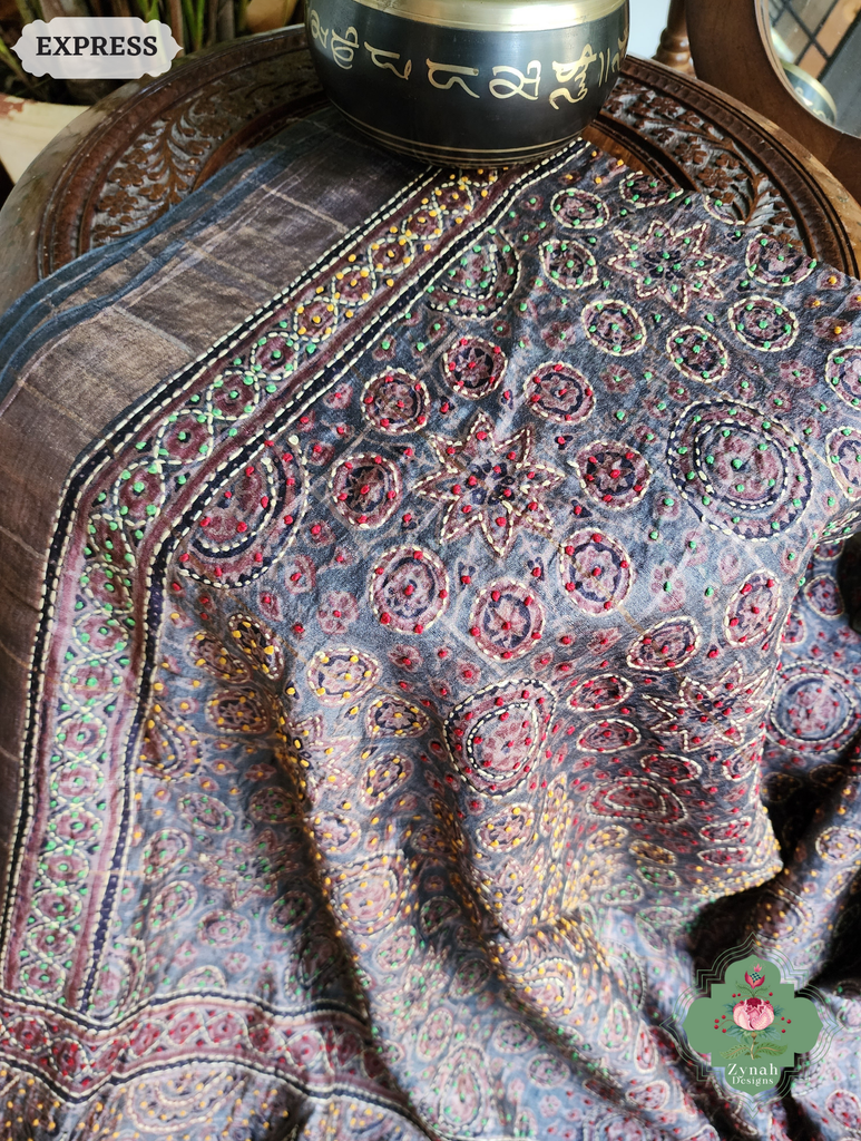 Zynah Golden Brown Pure Tussar Silk Hand Block Print Ajrakh Saree With Hand Embroidery; Custom Stitched/Ready-made Blouse, Fall, Petticoat; SKU: 2409202507