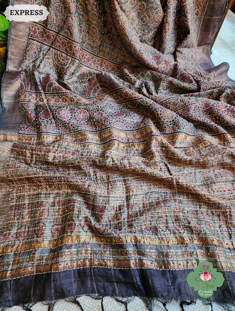 Zynah Golden Brown Pure Tussar Silk Hand Block Print Ajrakh Saree With Hand Embroidery; Custom Stitched/Ready-made Blouse, Fall, Petticoat; SKU: 2409202507