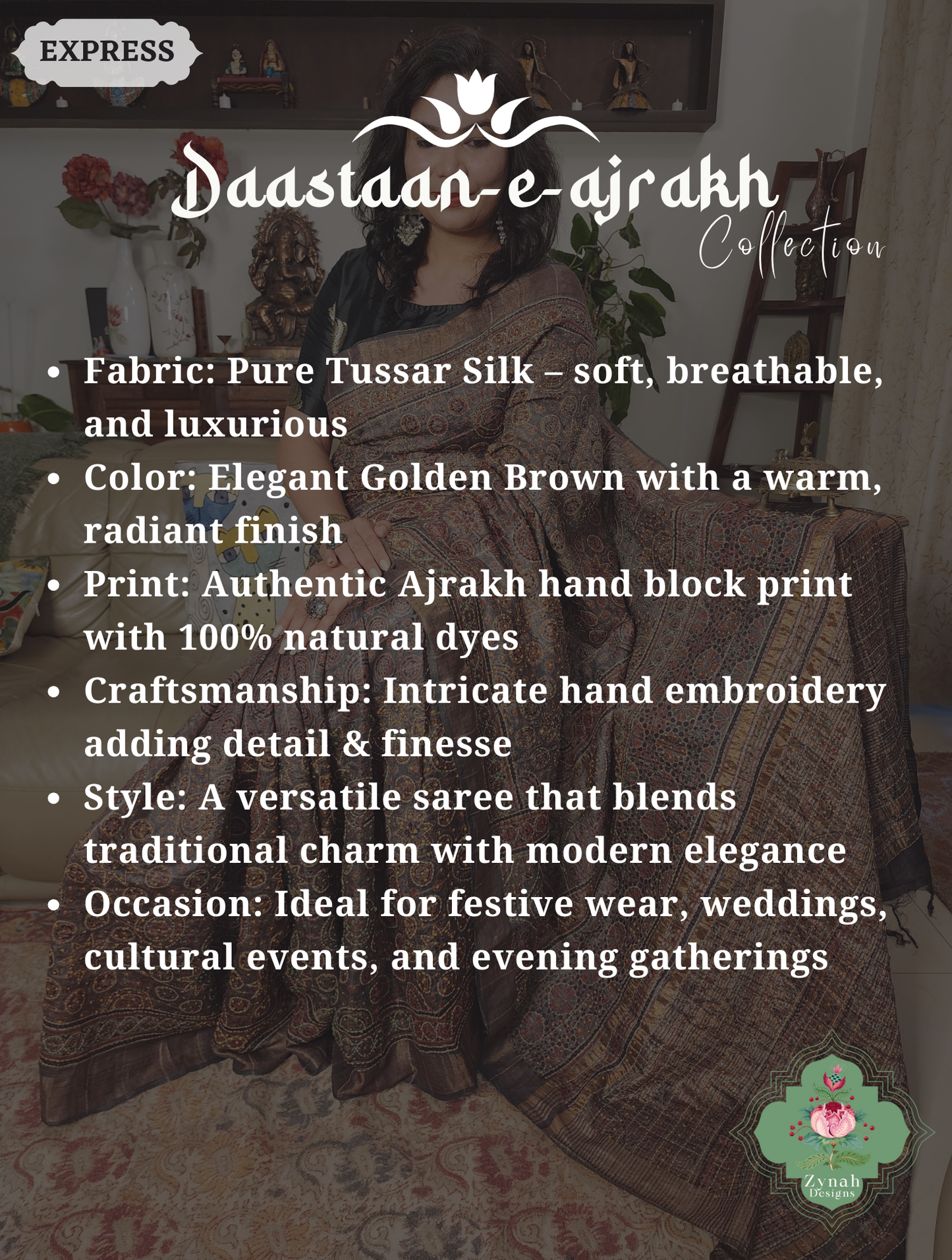Zynah Golden Brown Pure Tussar Silk Hand Block Print Ajrakh Saree With Hand Embroidery; Custom Stitched/Ready-made Blouse, Fall, Petticoat; SKU: 2409202507