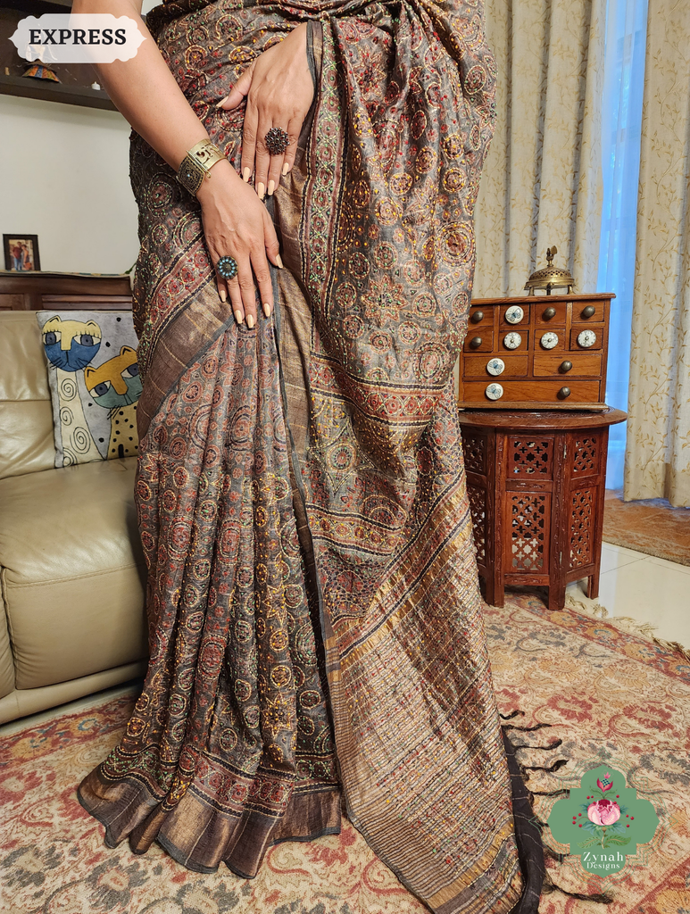 Zynah Golden Brown Pure Tussar Silk Hand Block Print Ajrakh Saree With Hand Embroidery; Custom Stitched/Ready-made Blouse, Fall, Petticoat; SKU: 2409202507